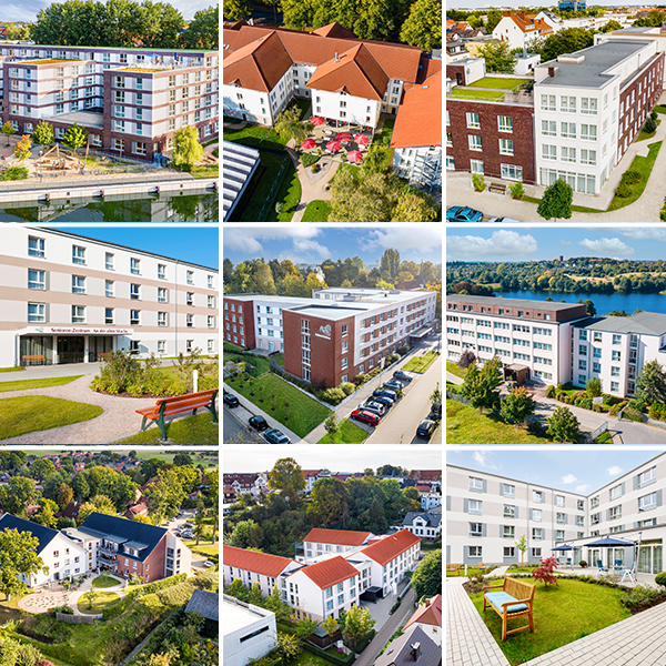 Collage aus neun Luftaufnahmen moderner Pflege- oder Wohnanlagen, umgeben von viel Grün. Die Gebäude variieren in Architektur und Farbe, zeigen aber alle eine gepflegte Umgebung mit Gärten, Wegen und teilweise Blick auf Wasser oder Höfe.